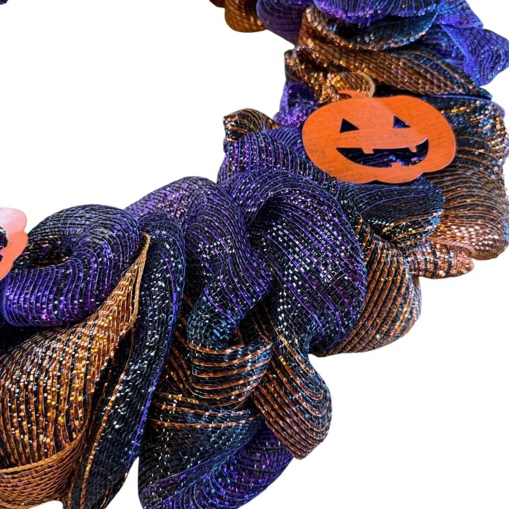 Ghost & Pumpkins Vibrant Purple & Orange Halloween Deco Mesh Wreath – 25″